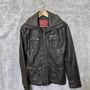 Superdry Men's Black Leather Jacket w/ Quilted Detailing & Multiple Pockets Sz M